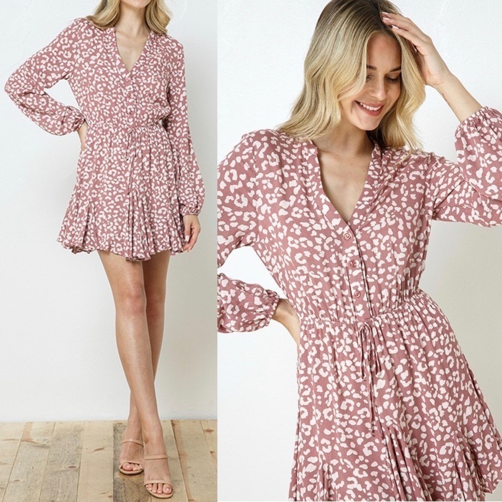 ILLA ILLA NEW Dusty Rose Leopard Print V-Neck Long Sleeve Mini Dress